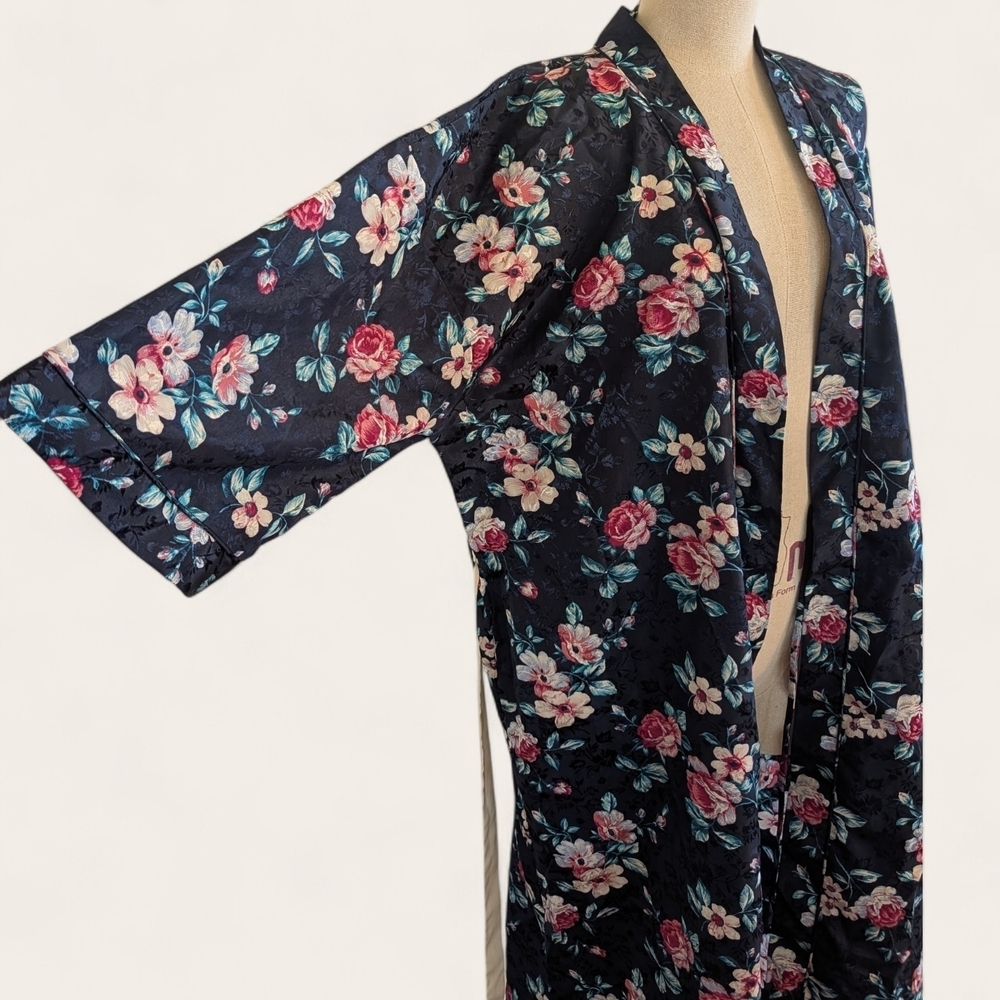 Vintage Erika Taylor Floral Satin Kimono Robe Duster Cottagecore Lounge Boho M - Picture 3 of 11
